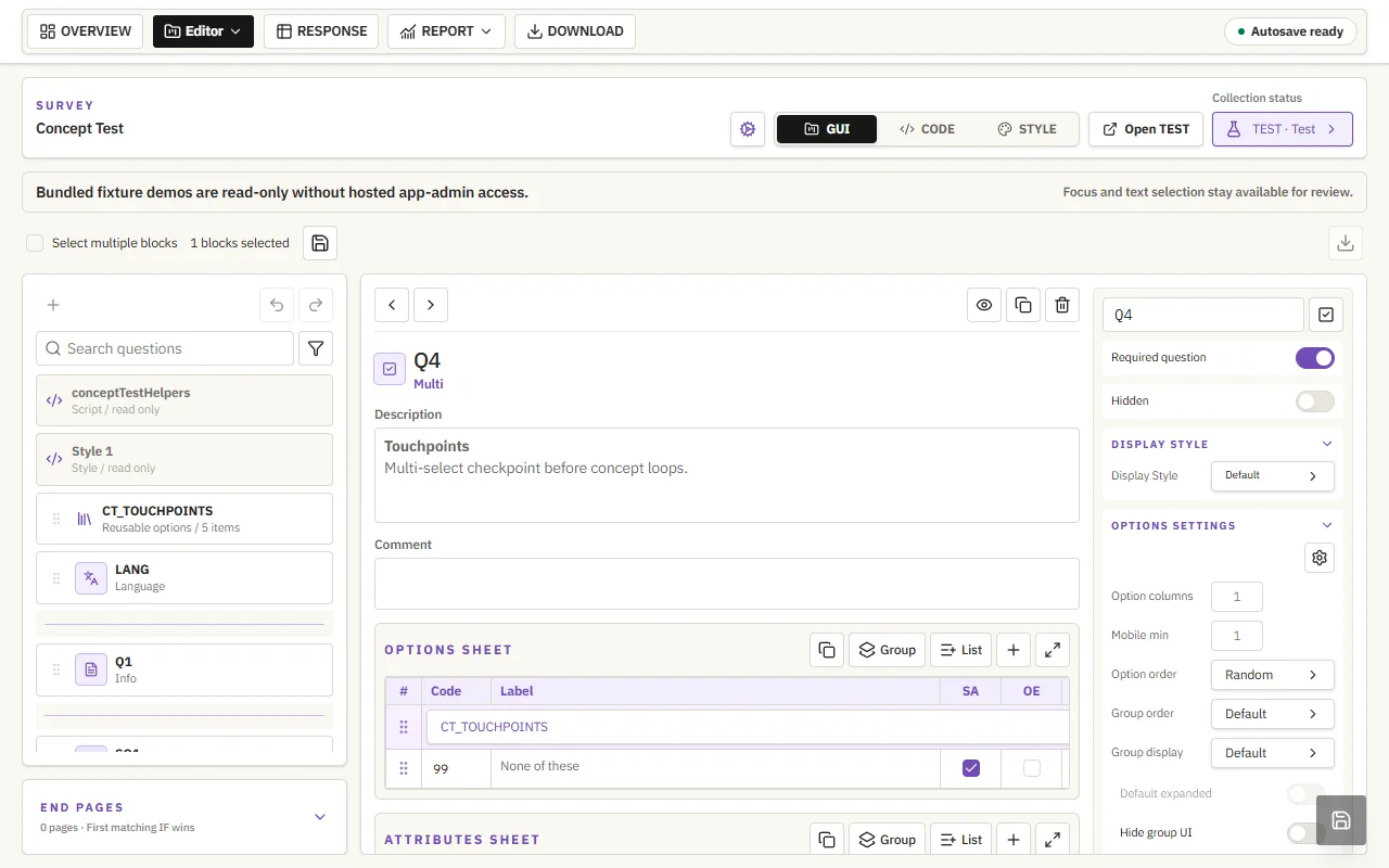 Actual Concept Test editor with the shared source, questions, logic, and preview controls