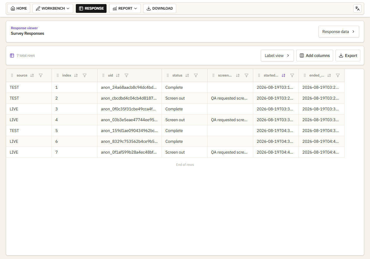 Response workspace with Test and Live rows, sortable columns, and export controls